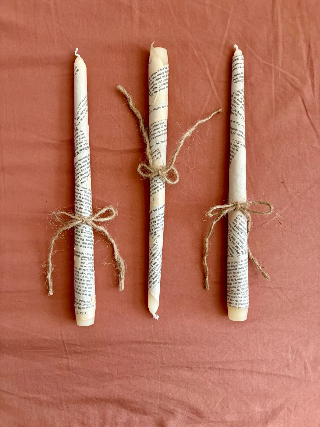 Book Page Taper Candles — Set of 3